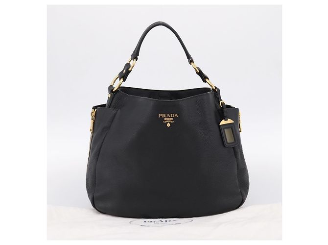 Bolsa de mão PRADA Vitterodino em couro preto e dourado Auth 200844V - vista 12