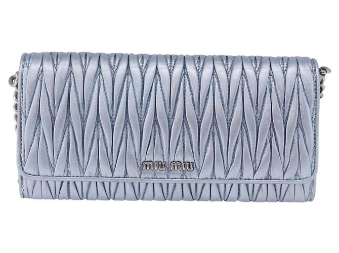 Sac à épaule portefeuille Miu Miu Matelassé en cuir bleu clair argenté Auth 200112M - vue 13