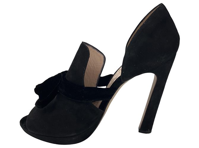 Tacchi Miu Miu in camoscio nero open toe con fiocco in velluto - vista 3