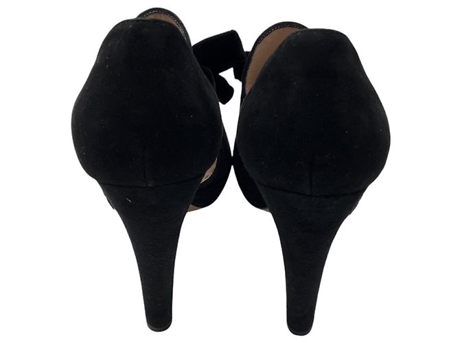 Tacchi Miu Miu in camoscio nero open toe con fiocco in velluto - vista 5