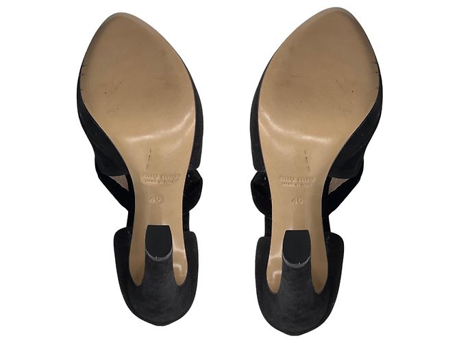 Tacchi Miu Miu in camoscio nero open toe con fiocco in velluto - vista 6