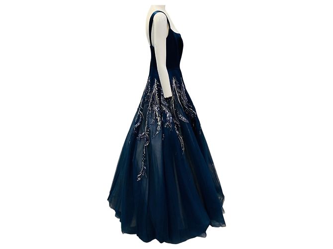Autre Marque Abito Mac Duggal blu navy in raso e tulle mesh decorato - vista 2