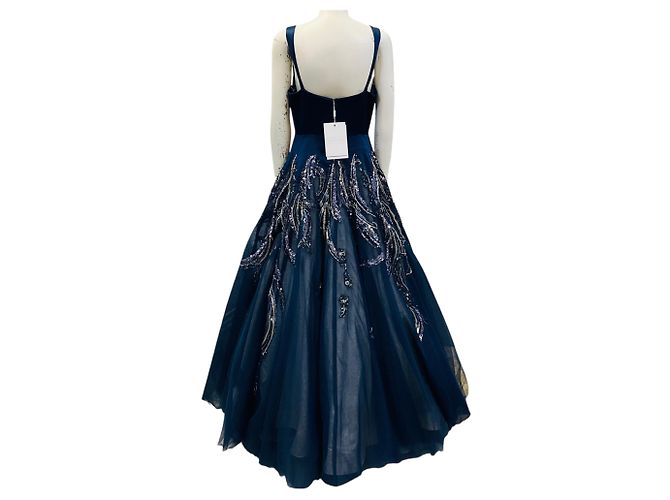 Autre Marque Abito Mac Duggal blu navy in raso e tulle mesh decorato - vista 3