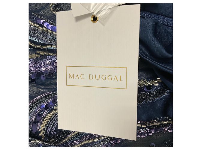 Autre Marque Abito Mac Duggal blu navy in raso e tulle mesh decorato - vista 5