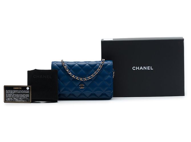 Borsa a tracolla Chanel CC matelassé in pelle d'agnello blu Wallet On Chain - vista 7