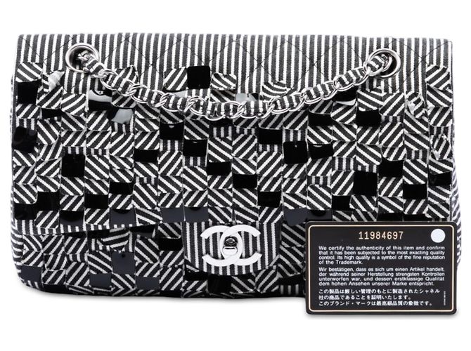 Borsa a tracolla Chanel Medium Classic Canvas Sequin Stripes Double Flap nera Nero - vista 7