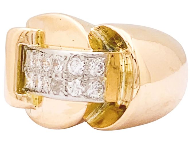 Autre Marque Anello Tank asimmetrico in oro rosa, platino e diamanti. - vista 2