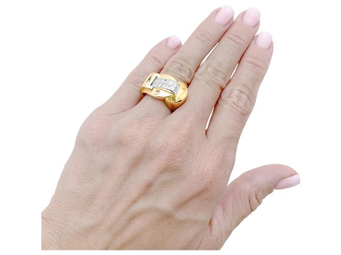 Autre Marque Anello Tank asimmetrico in oro rosa, platino e diamanti. - vista 6