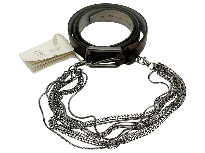 Cinturón de cuero marrón Brunello Cucinelli con adornos de múltiples cadenas plateadas Castaño - vista 2