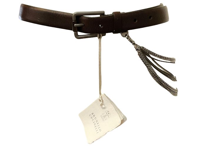 Cinturón de cuero marrón Brunello Cucinelli con adornos de múltiples cadenas plateadas Castaño - vista 3