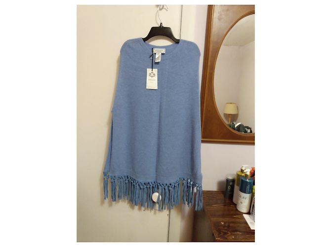 Autre Marque Blauer Kaschmir-Poncho mit Fransen - Ansicht 2