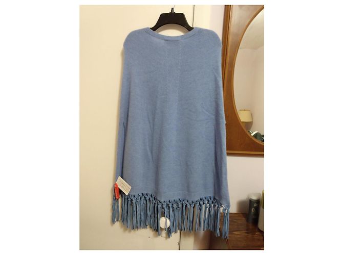 Autre Marque Blauer Kaschmir-Poncho mit Fransen - Ansicht 3