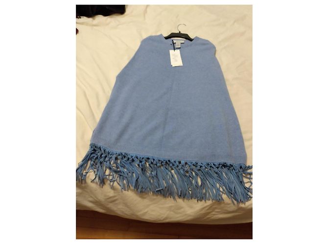 Autre Marque Blauer Kaschmir-Poncho mit Fransen - Ansicht 4