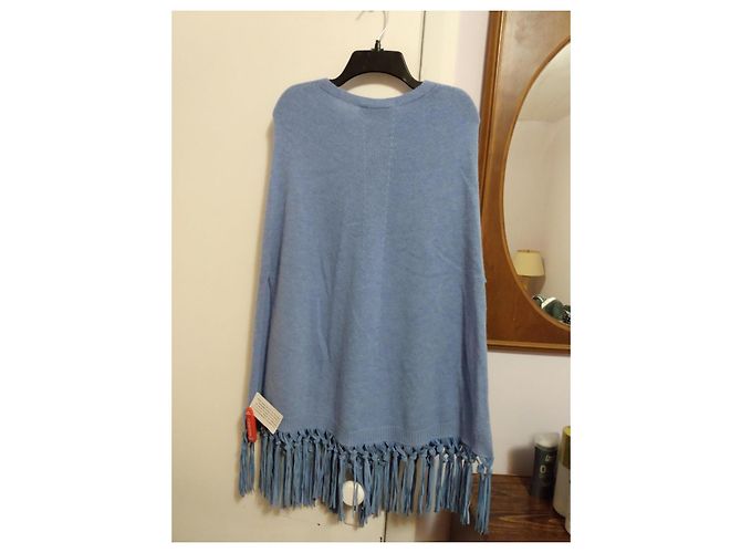 Autre Marque Blauer Kaschmir-Poncho mit Fransen - Ansicht 6