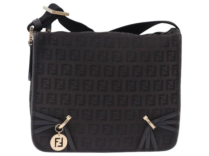 FENDI Zucchino Canvas Shoulder Bag Black Gold - vista 2