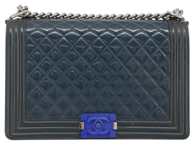 CHANEL Matelasse Boy Chanel Chain Bag Patent Leather Blue Silver CC - vista 2