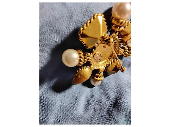 Chanel Vintage-Brosche mit Perlen und farbigen Steinen Schwarz Pink Grün Gold hardware - Ansicht 11