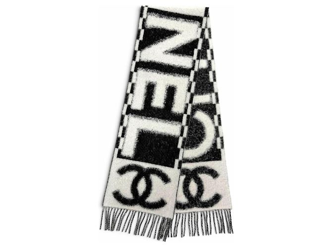 Estola de cashmere e seda com franjas Chanel Preto Branco - vista 3
