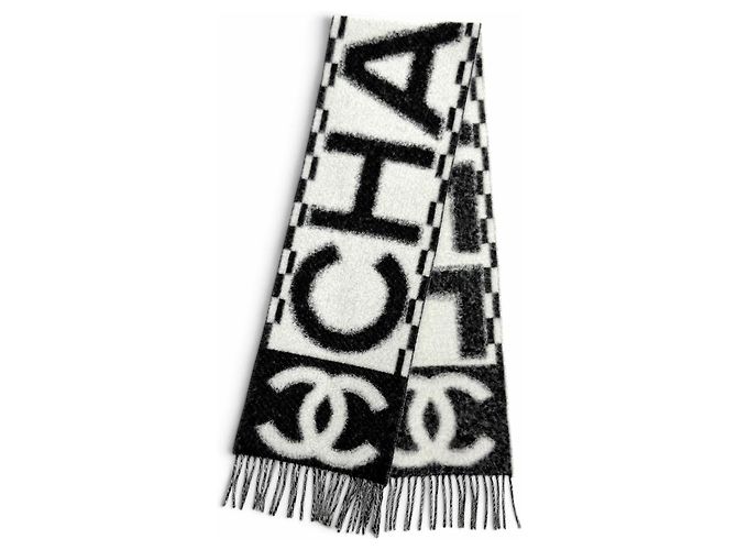 Estola de cashmere e seda com franjas Chanel Preto Branco - vista 8