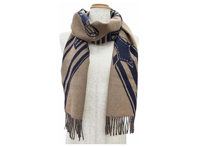 Hermès Estola de cachemira Zigzag Hermes Castaño Azul marino - vista 3