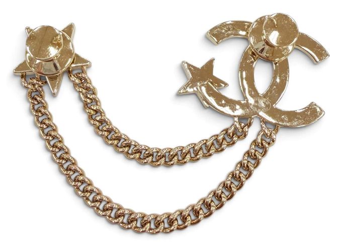Spilla Chanel in metallo dorato Coco Mark Star con catena e strass D'oro - vista 2