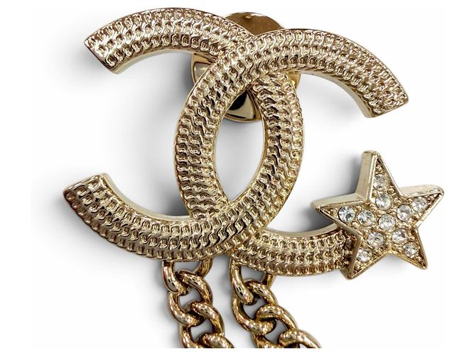 Spilla Chanel in metallo dorato Coco Mark Star con catena e strass D'oro - vista 4