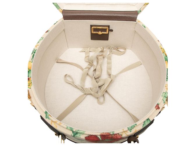 Bolso redondo Gucci de lona GG beige con banda Web y Flora - vista 4