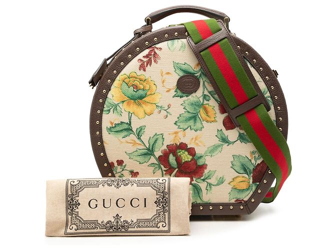 Bolso redondo Gucci de lona GG beige con banda Web y Flora - vista 8