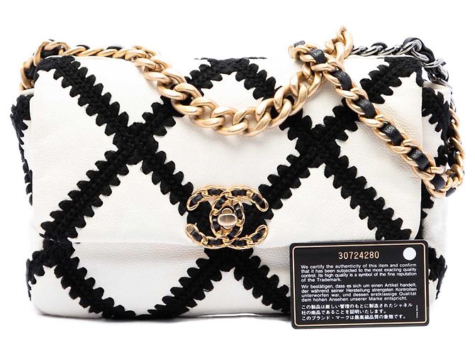 Chanel White Medium Crochet Calfskin 19 Flap Bianco - vista 7