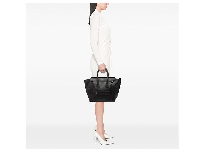 Céline Celine Mini Luggage Tote in pelle di vitello nera Nero Rosso - vista 6