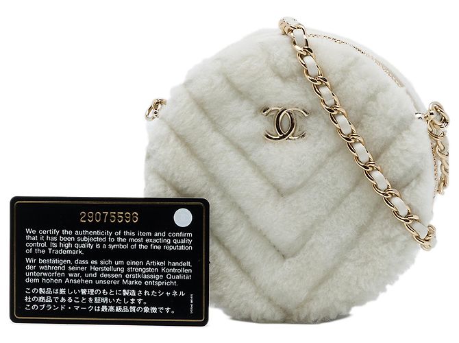 Clutch Redonda Chanel White CC Chevron de piel de oveja con cadena Blanco Crudo - vista 7