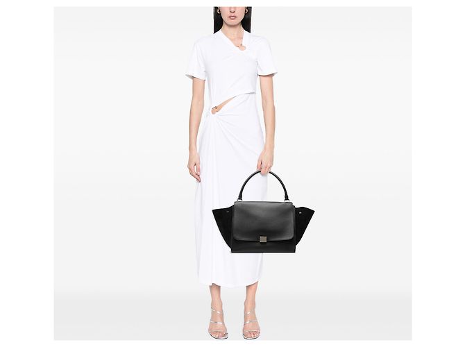 16 Céline Borsa Trapeze Celine in pelle di vitello drummed e camoscio nero Large - vista 6