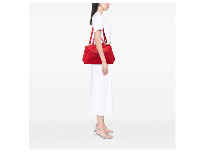 Borsa Tote Prada in tela Canapa rossa con logo Rosso - vista 6