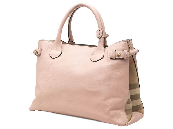 Borsa Satchel Banner Burberry in pelle rosa Medium e House Check - vista 2