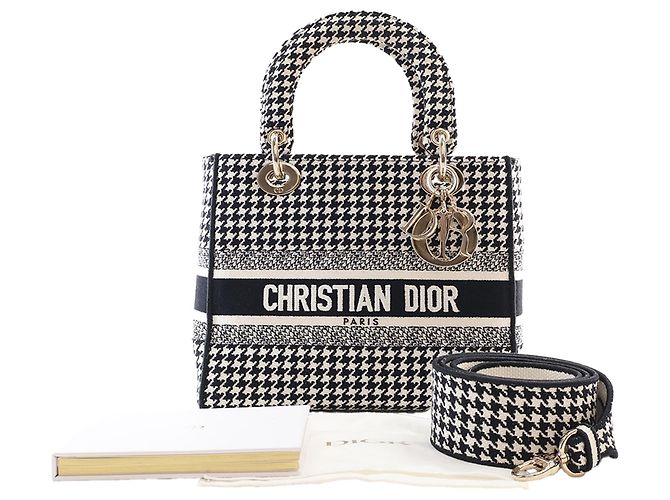 Dior Black Medium Embroidered Canvas Houndstooth Lady D Lite Schwarz - Ansicht 15