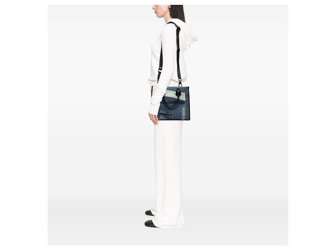 Borsa Shopper Dolce & Gabbana in Denim Blu Patchwork Logo - vista 6