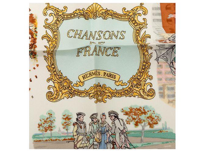 Hermès White Chansons de France Seidentaschentuch 45 Weiß - Ansicht 2