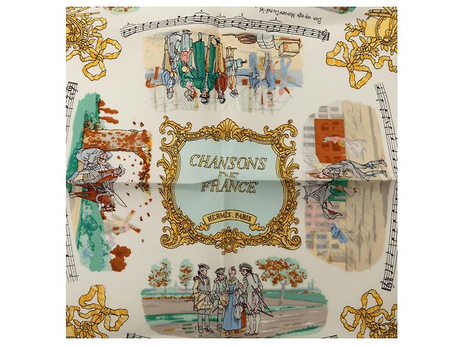 Hermès White Chansons de France Seidentaschentuch 45 Weiß - Ansicht 3