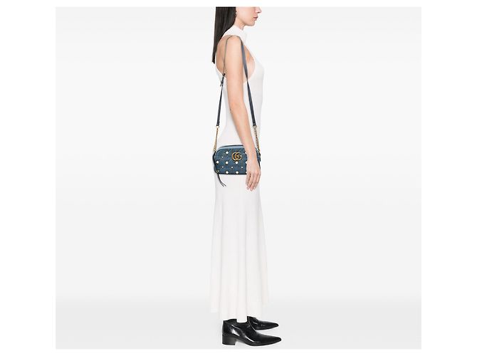 Borsa a tracolla Gucci Blue Small GG Marmont in denim con perle - vista 6