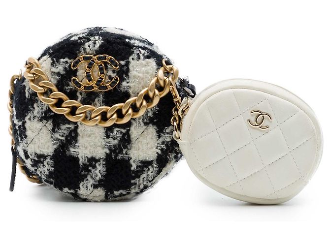 Chanel Clutch Rotonda 19 in Tweed Bianco con Catena e Portamonete Crudo - vista 7