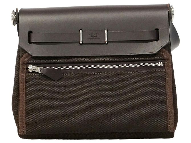 Hermès Borsa a Tracolla Hermes Herbag Zip Toile Military Ebene G Stamp Marrone - vista 6