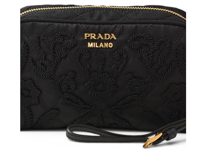 Pouch Prada in nylon nero con ricami floreali - vista 2