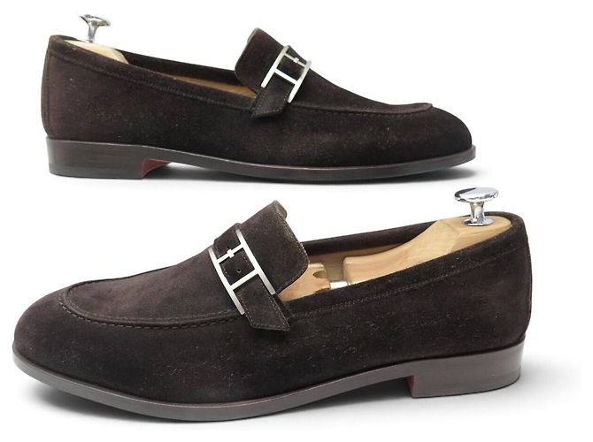 Hermès NEUF MOCASSINS HERMES MONTEREY 41.5 DAIM MARRON BOUCLE BEHAPI SUEDE LOAFER - vue 3