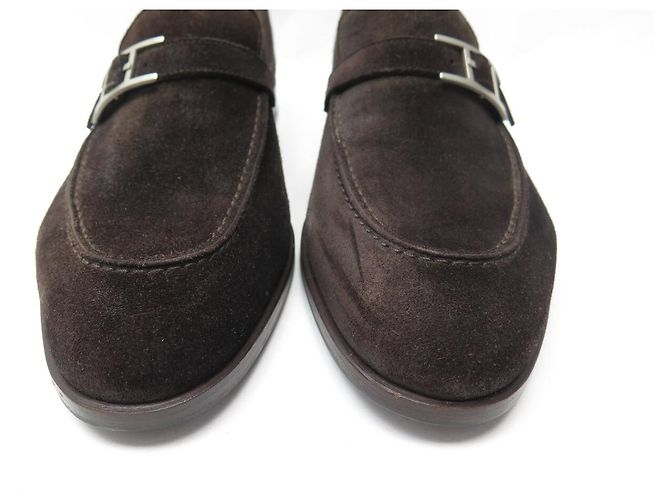 Hermès NEUF MOCASSINS HERMES MONTEREY 41.5 DAIM MARRON BOUCLE BEHAPI SUEDE LOAFER - vue 4