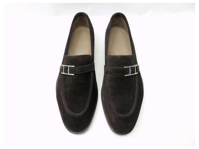 Hermès NEUF MOCASSINS HERMES MONTEREY 41.5 DAIM MARRON BOUCLE BEHAPI SUEDE LOAFER - vue 8