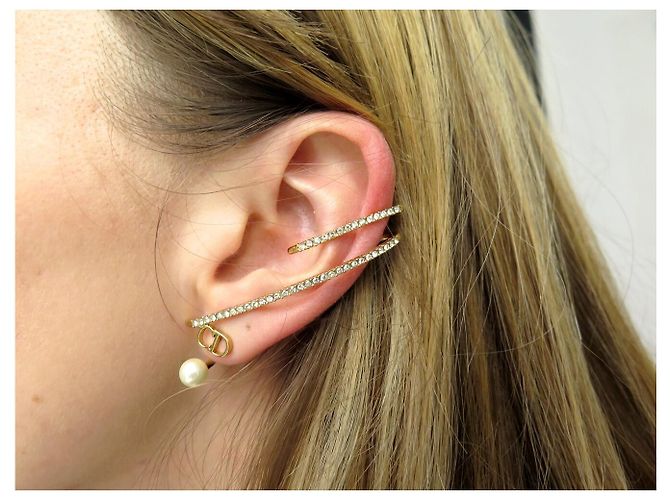NEUER EINZELNER DIOR CD OHRRING PERLE STRASS GOLDFARBENES METALL Golden - Ansicht 9