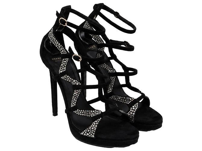 Sandali gladiatore Versace in camoscio nero con cristalli - vista 3