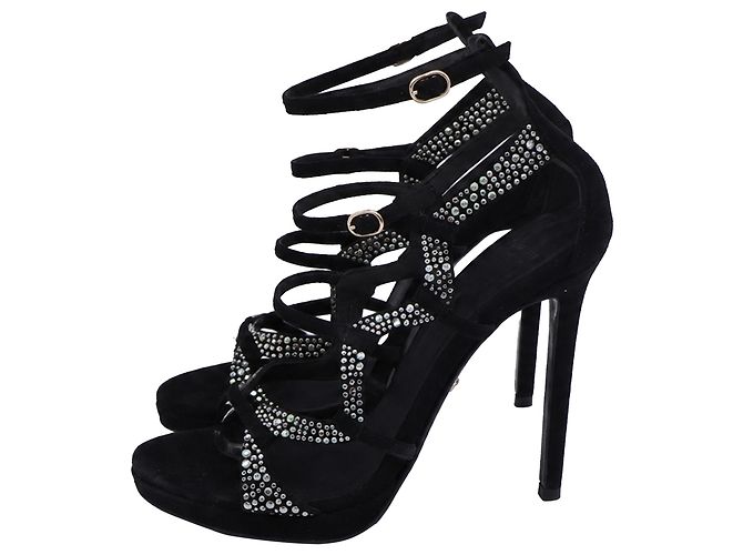Sandali gladiatore Versace in camoscio nero con cristalli - vista 4