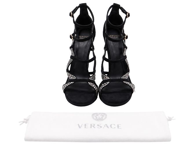 Sandali gladiatore Versace in camoscio nero con cristalli - vista 6