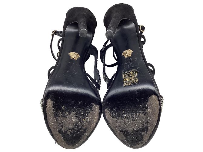 Sandali gladiatore Versace in camoscio nero con cristalli - vista 8